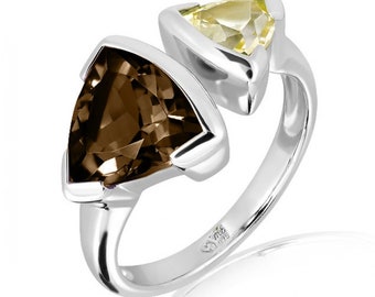 Lila Smokey Quartz And Citrine Adjustable Gemstone Silver Ring