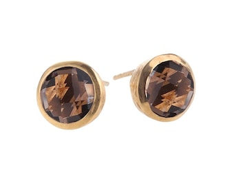 Mistral Large Gold Textured Smokey Quartz Gemstone Stud Earrings