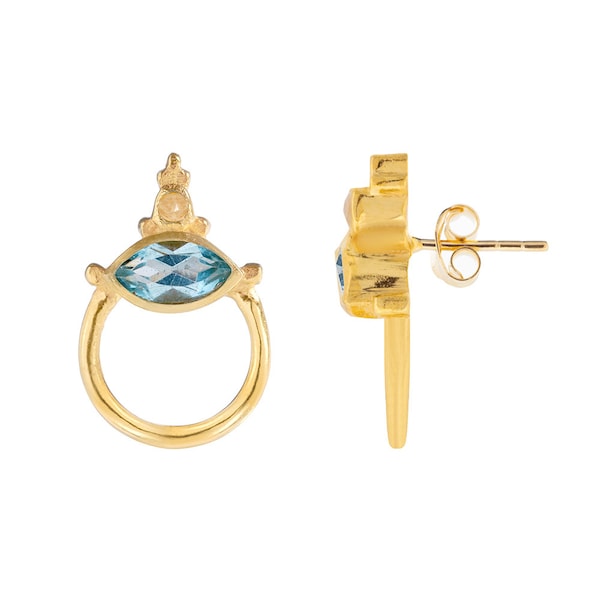 Anya Romana Moonstone and Blue Topaz Gemstone Front Facing Gold Hoop Stud Earrings