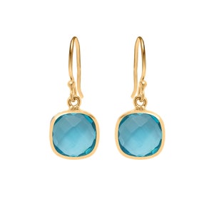 Iona Cushion Cut Square Drop Blue Topaz Gemstone Gold Earrings