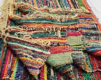 chindi dhurrie recycled porch woven floor carpet Hand braided multi color rug Shreejaipurfab chindi rug vintage rug reversible runner