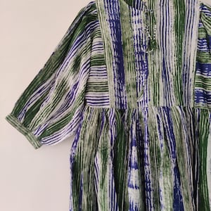 Block Print Midi Dress, Mini Dress, stripe Long Block Print Dress, Deep Neck with string closer