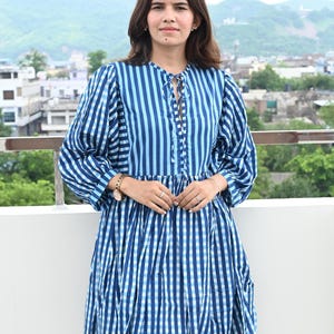 Block Print Cotton Gauze Midi Dress - Deep Neck Summer Dress