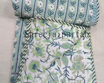 Green Beautiful Floral Print Reversible Dohar Hand Block Print Cotton Dohar Indian Ac Quilt Blanket Kantha Throw Hand Printed Blanket Throw