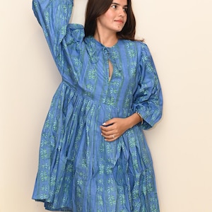 Block Print Midi Dress, Mini Dress, floral Long Block Print Dress, Deep Neck with string closer
