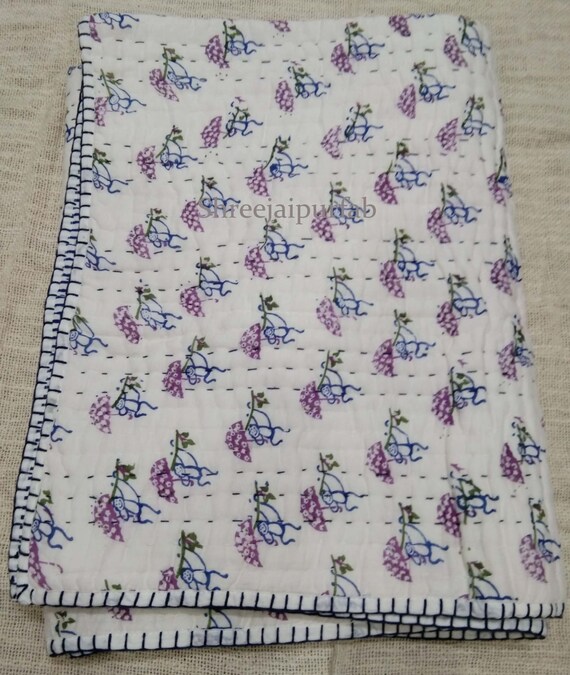 Hand Block Print Baby Quilt: 100% Cotton Floral Bedsheet