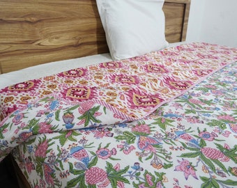 Hand Block Printed Cotton Dohar: Reversible Indian Quilt Bedspread