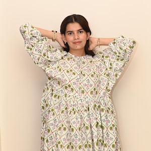 Block Print Midi Dress, Mini Dress, floral Long Block Print Dress, Deep Neck with string closer