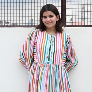 Block Print Cotton Gauze Midi Dress - Deep Neck Stripe