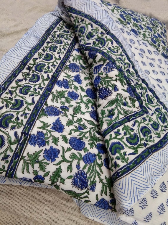 ブルーフローラルハンドブロックプリントカンタキルト - リバーシブル