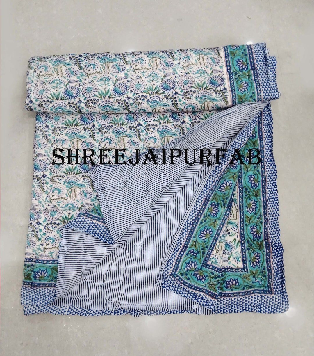 Handmade Jaipur Quilt, Popular Floral Print Kantha Quilts, Block Print