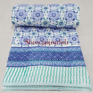 Blue Jal Print Cotton Dohar: Reversible Indian Hand Block Quilt