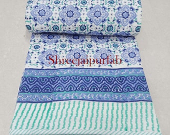 Blue Jal Print Cotton Dohar: Reversible Indian Hand Block Quilt