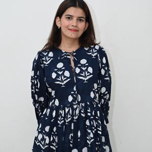 Block Print Cotton Gauze Dress: Deep Neck Floral Midi