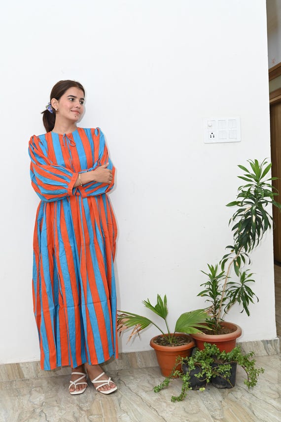 Striped Cotton Gauze Midi Dress: Flowy Boho Summer Dress - Etsy Israel Striped Cotton Gauze Midi Dress: Flowy Boho Summer Dress - Etsy Israel
