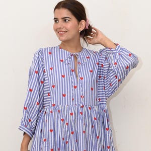 Block Print Cotton Gauze Midi Dress - Deep Neck Stripe