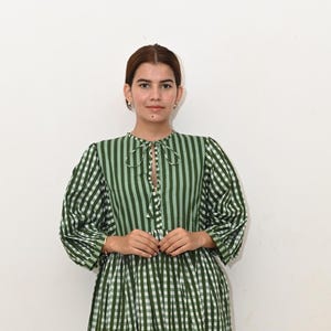 Block Print Cotton Gauze Midi Dress - Deep Neck Summer Dress