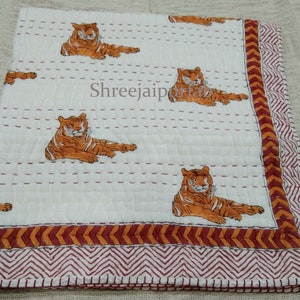 Shreejaipurfab Indian Hand Block Print Baby Quilt 100% Cotton Baby Bedsheet Tiger Print Baby Quilts Beautiful Baby Quilt