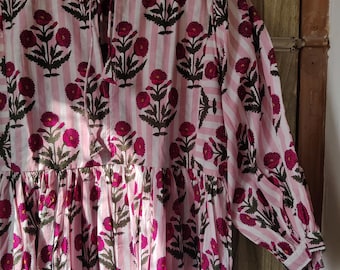 Block Print Midikleid, Minikleid, gestreiftes langes Blockprint-Kleid, tiefer Hals mit Stringverschluss
