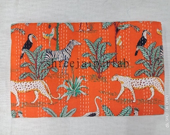 Orange Animal Print Kantha Quilt: 100% Cotton Bed Cover (108x108" Inch)