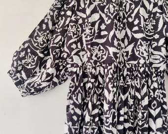 Hand Block Print Cotton Gauze Midi Dress | Boho Deep Neck | String Closer, Pure Cotton