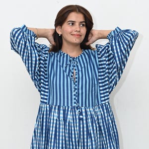 Block Print Cotton Gauze Midi Dress - Deep Neck Summer Dress