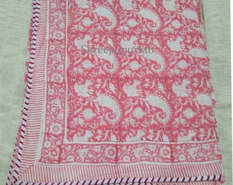 Paisley Print Reversible Cotton Dohar: Hand Block Printed Indian Quilt Blanket