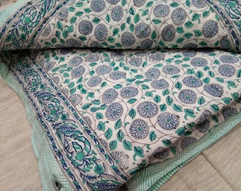 Blue Floral Block Print Kantha Quilt: 100% Cotton Reversible Bedspread