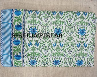 Floral Print Reversible Cotton Dohar: Hand Block Printed Indian Quilt