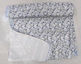 Floral Print Kantha Quilt: Hand Block Indian Cotton Throw (90x108)