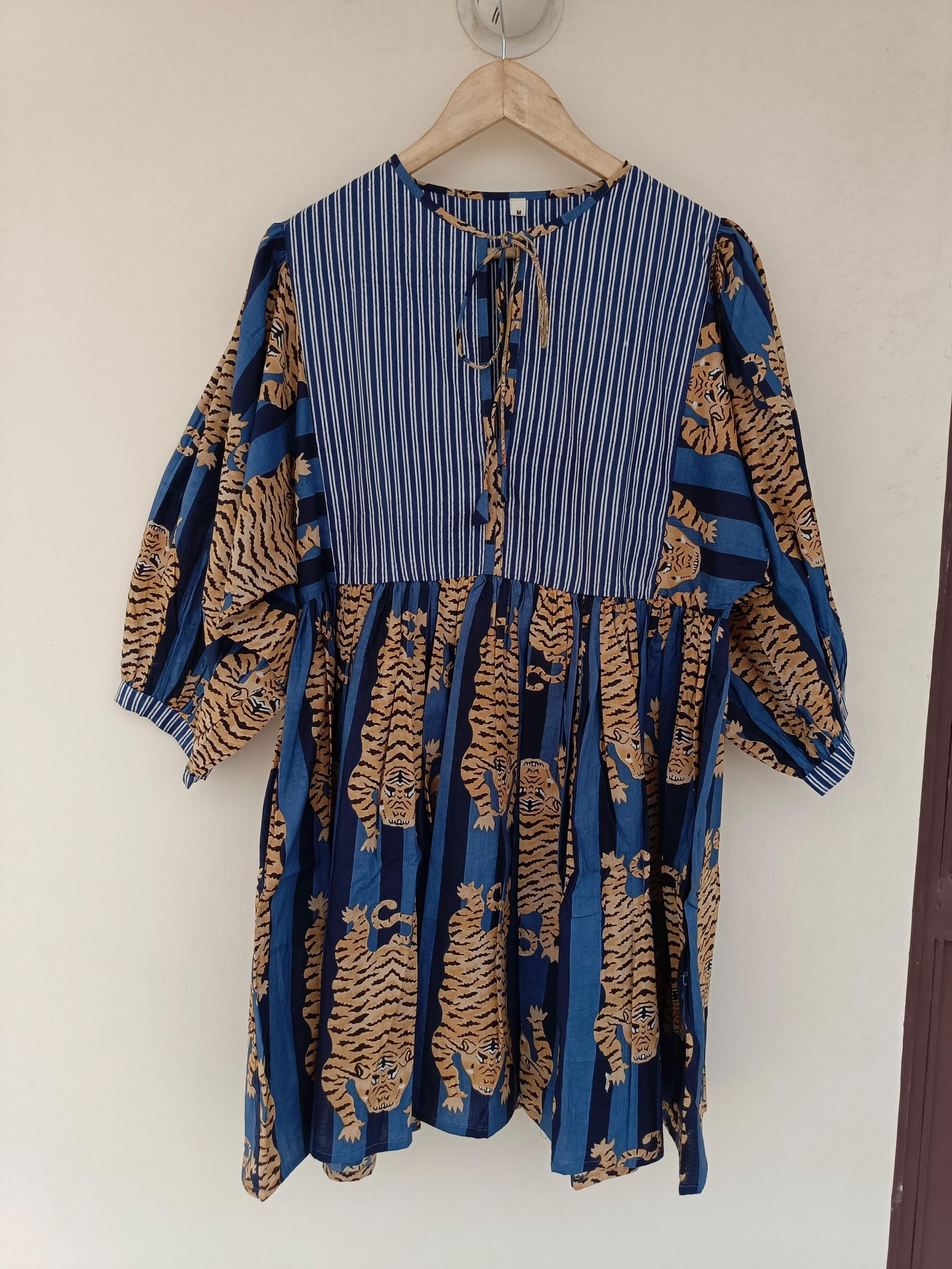 Midi Dress, Mini Dress, Blue Tiger Long Printed Dress, Deep Neck with string closer