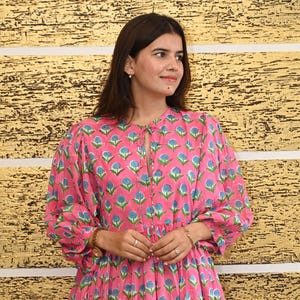 Block Print Midi Dress, Mini Dress, floral Long Block Print Dress, Deep Neck with string closer