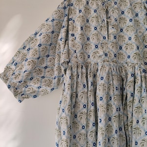 Block Print Midi Dress, Mini Dress, blue and white floral  Block Print Dress, Deep Neck with string closer