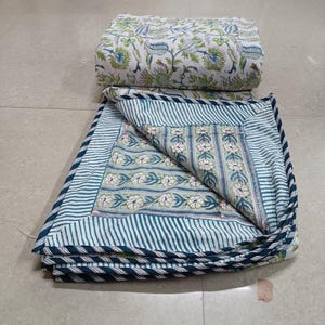 Green Beautiful Floral Print Reversible Dohar Hand Block Print Cotton Dohar Indian Ac Quilt Blanket Kantha Throw Hand Printed Blanket Throw