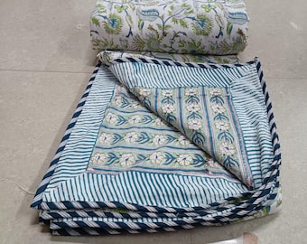 Floral Print Reversible Cotton Dohar: Hand Block Indian Quilt Blanket