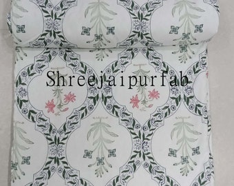 Katoenen dohar-katoen met handblokprint: Indiase gewatteerde plaid met bloemenprint (90 x 108 inch)