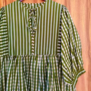 Block Print Midi Dress, Mini Dress, Striped Long Block Print Dress, Deep Neck with string closer
