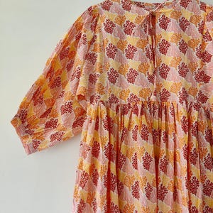 Cotton Gauze Block Print Midi Dress - Deep Neck Summer Dress