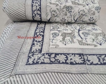 Hand Block Print Cotton Dohar: Reversible Indian Quilt Bedspread