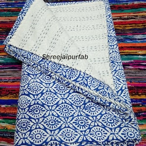 Shreejaipurfab Indian Cotton Kantha  Bed Cover bedspread Quilts Hand Block Print Quilt Blanket Kantha bedspread Kantha King Size 90x108