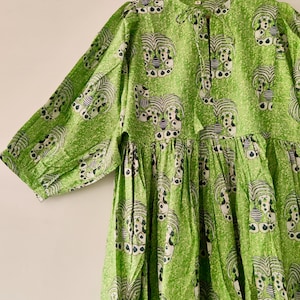 Block Print Midi Dress, Mini Dress,  green dog Block Print Dress, Deep Neck with string closer