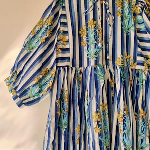 Block Print Midi Dress, Mini Dress, strip floral Block Print Dress, Deep Neck with string closer
