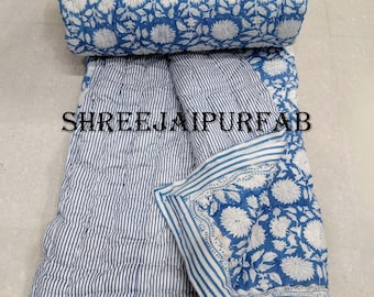 Blue Floral Print Kantha Quilt: Handmade Indian Cotton Bedspread