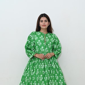 Block Print Cotton Gauze Dress: Deep Neck Floral Midi Mini