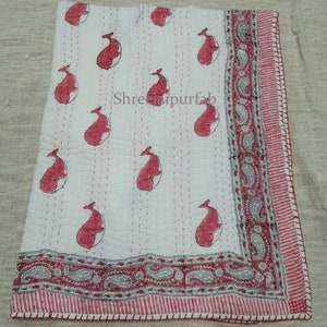 Hand Block Print Cotton Baby Quilt: Kantha Stitched Blanket (40x40&quot;/40x60&quot;)