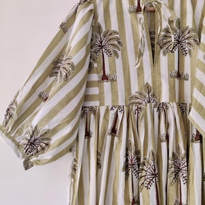 Block Print Cotton Gauze Dress: Striped Palm Tree Midi Dress