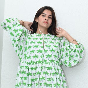 Block Print Midi Dress, Mini Dress, Palm Tree long Block Print Dress, Deep Neck with string closer