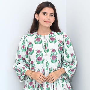 Block Print Midi Dress, Mini Dress, floral Long Block Print Dress, Deep Neck with string closer
