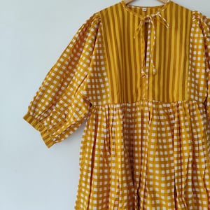 Block Print Midi Dress, Mini Dress, checks Long Block Print Dress, Deep Neck with string closer