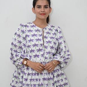 Block Print Cotton Gauze Dress: Deep Neck Floral Midi Mini